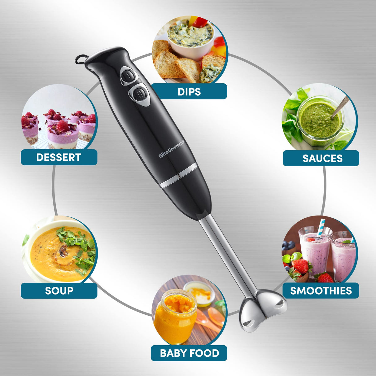 Elite Gourmet EHB1015 Immersion Hand Blender 500 Watts 2 Speed Mixing with Stainless Steel Blades, Detachable Wand Stick Mixer, Smoothies, Baby Food, Soup, Black Elite Gourmet