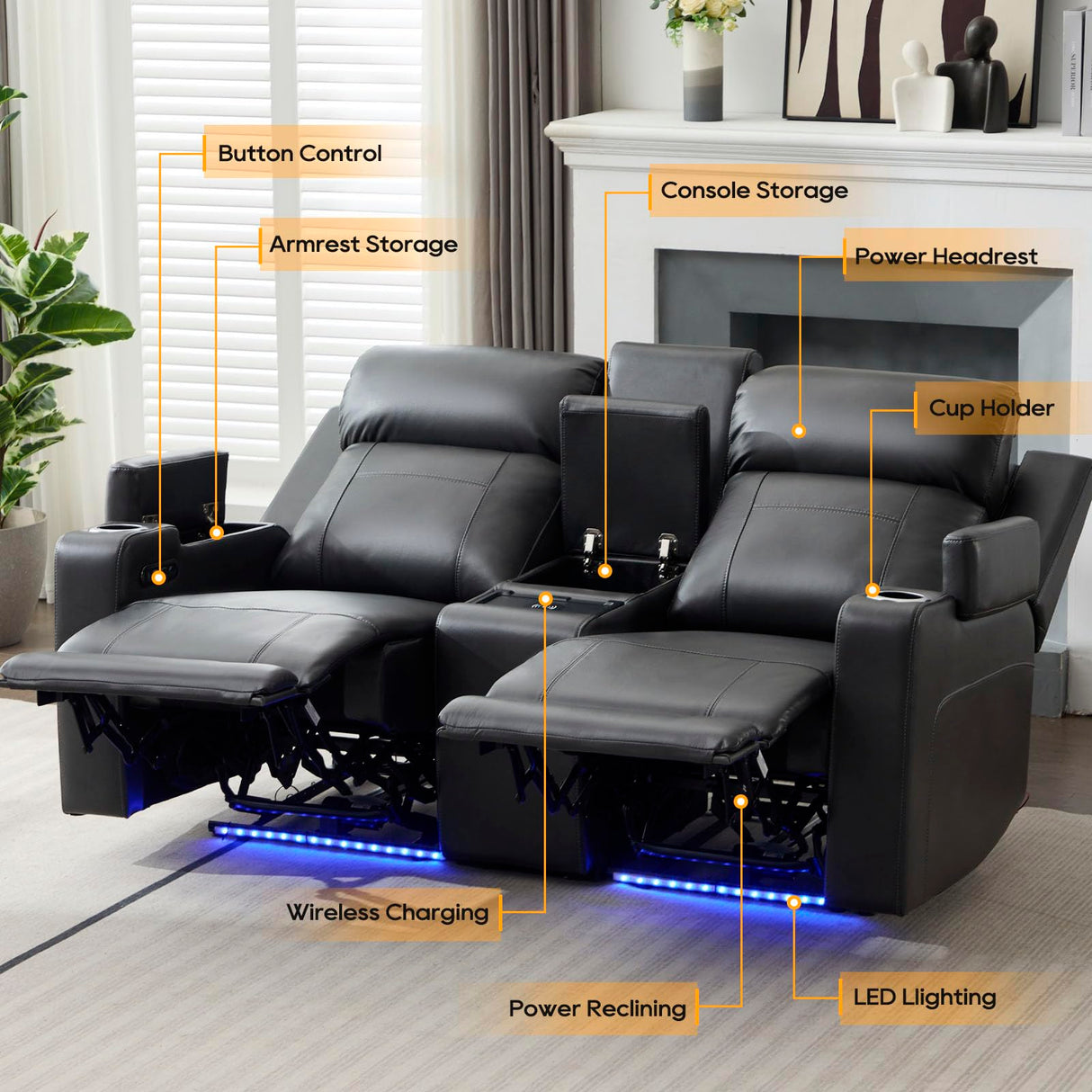 P.H.Furn Power Reclining Loveseat Sofa, Adjustable Headrest, Blue LED Lighting, Home Theater Seating with Storage, Cup Holders, USB, Wireless Charging, Living Room RV P.H.Furn