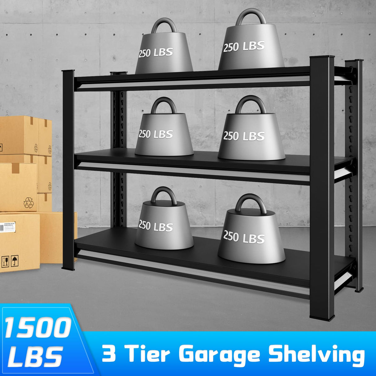 Rufokisa 40" W Garage Shelving Heavy Duty,1500LBS Loads Adjustable Garage Storage Shelves,3-Tier Metal Storage Racks and Shelving Units, Utility Rack Shelves,40”W x 18”D x 36”H,Black Rufokisa