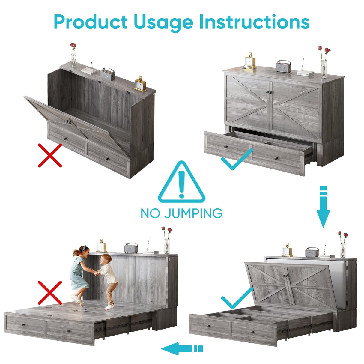 CECER Queen Size Murphy Bed with Tri-Folding Mattress,Murphy Bed with Charging Station and 2 Large Storage Drawers for Small Spaces/Bedroom(Grey) CECER