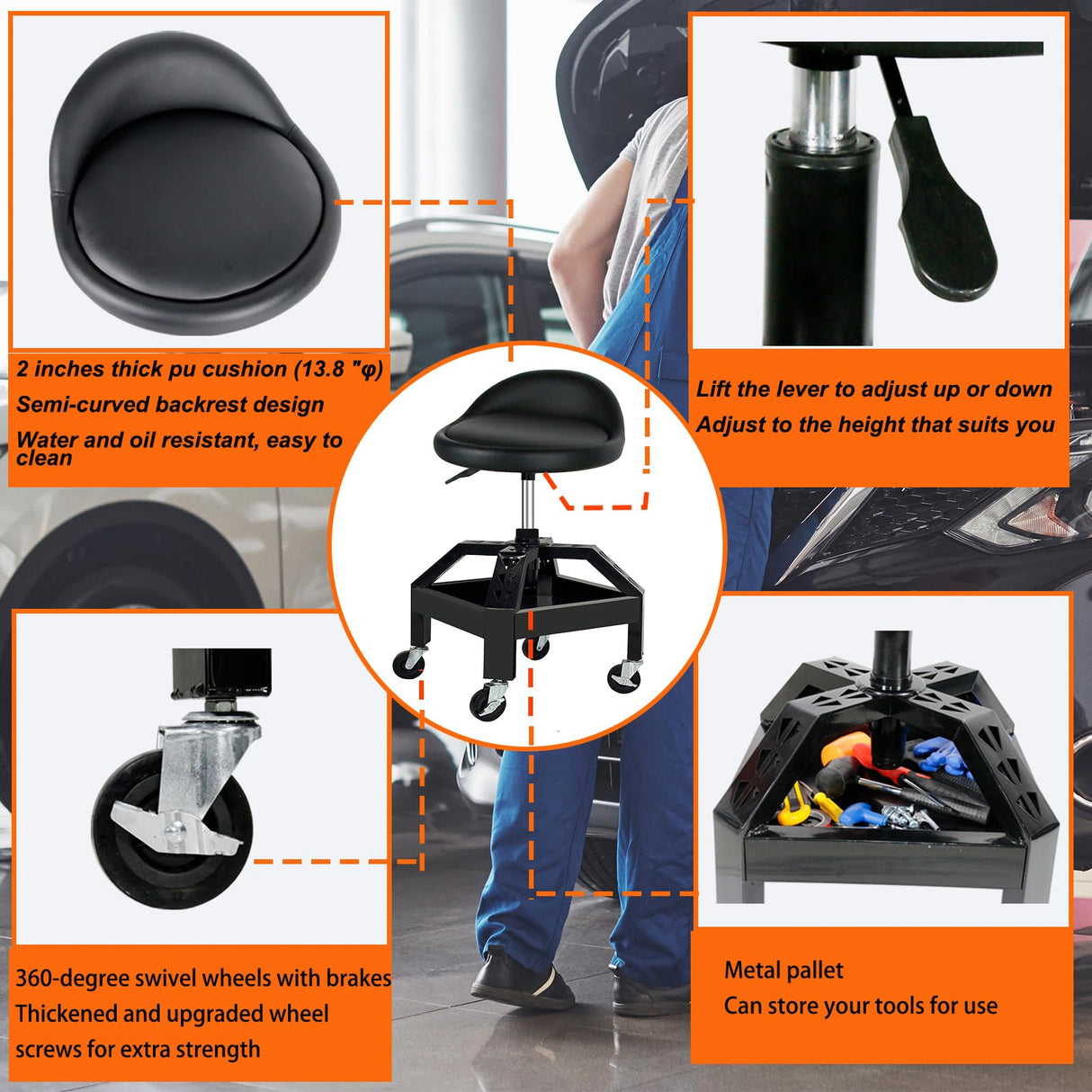 RCIACRHT Rolling Garage Shop Seat,Garage Stool with Wheels,Heavy Duty Mechanic Stool 350 Lbs Capacity Storage with Tool Tray,Lockable 360°Wheels,Adjustable Heigh Workshop Stool RCIACRHT