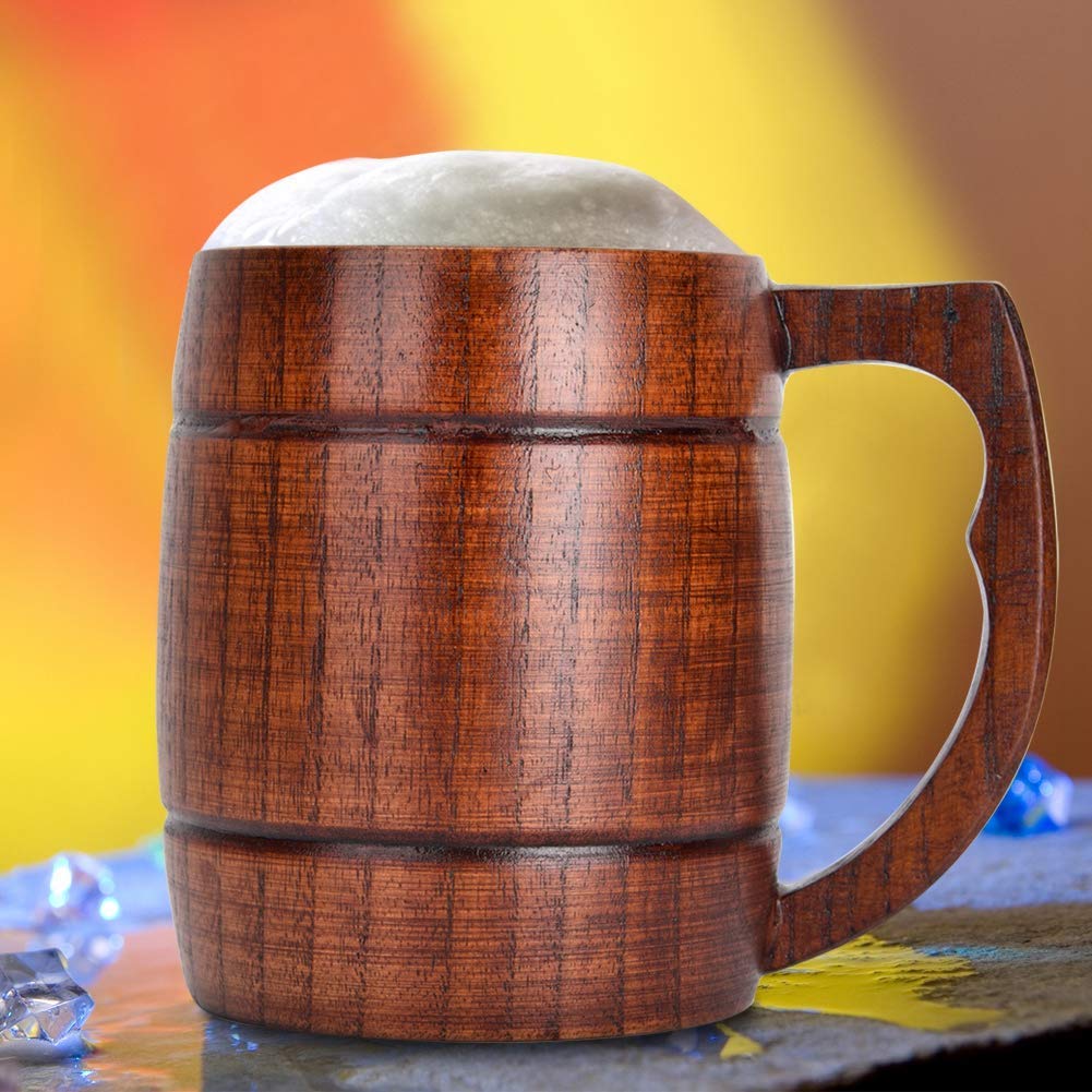 Wooden Beer Mug, Handmade Beer Mug 12oz (400 ml) Natural Solid Wood Drinking Cup Tea Cup for Beer, Coffee, Hot Drinks, Milk, Wine Wooden Tankard Gift Barrel HERCHR