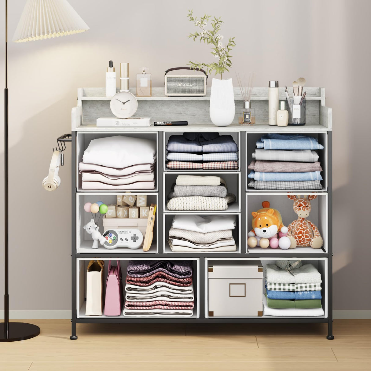 ErgoDesign 9 Drawers Dresser with Hooks, Dressers for Bedroom, Living Room, Hallway, Nursery (Greige) ErgoDesign