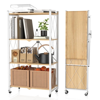 4 Tier Foldable Storage Shelf with Wheels,Folding Shelving Loads 400 LBS,No Assembly Bookshelf,Metal Shelving Units Storage for Garage,Living Room,Kitchen,Pantry, Office(27.9 x 13.3 x 49 in,White)