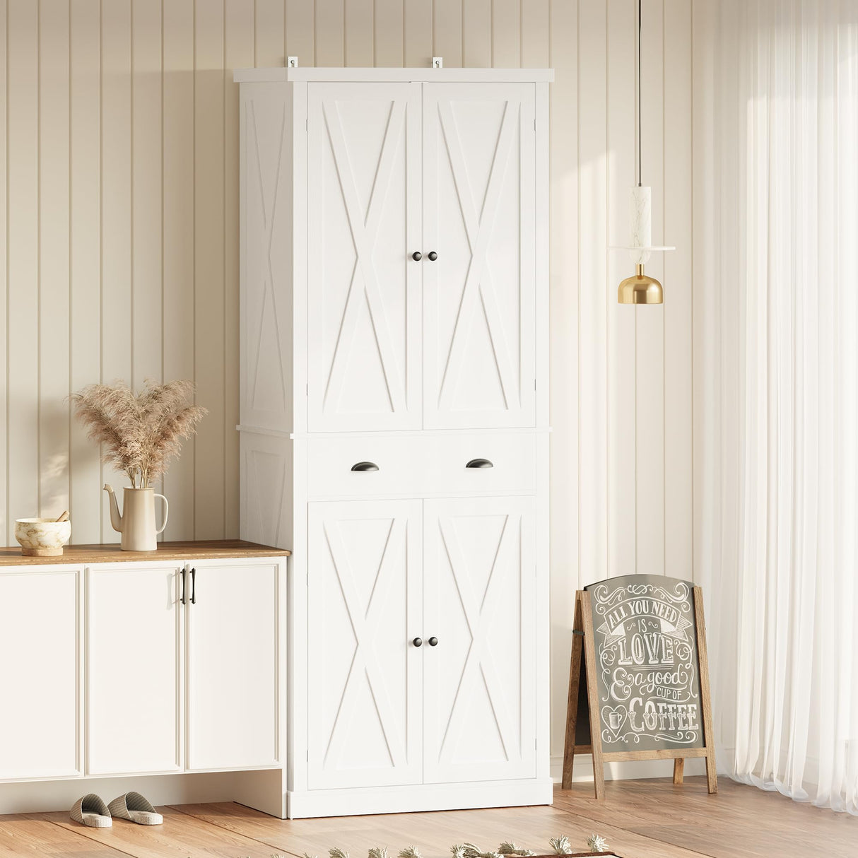 IRONCK Kitchen Pantry Storage Cabinet 83.9" H, with Barn Doors, Drawer, 4 Adjustable Shelves, Freestanding Cupboard for Dining Room Living Room, Laundry, White IRONCK