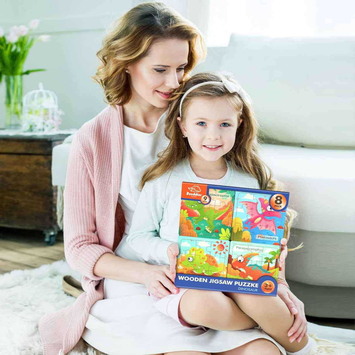 Zeoddler Wooden Puzzles for Toddlers, 8 Pack Dinosaur Jigsaw Puzzles for Kids3-5, 9 Pieces Preschool Learning Activities, Learning & Educational Puzzles, Gift for Boys, Girls Zeoddler