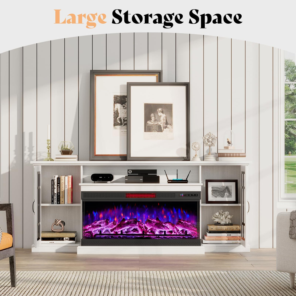 AMERLIFE 75in 3-Sided Glass Fireplace TV Stand for TVs up to 85", Rustic Media Entertainment Center Console Table with Glass Door Closed Storage, Distressed White AMERLIFE