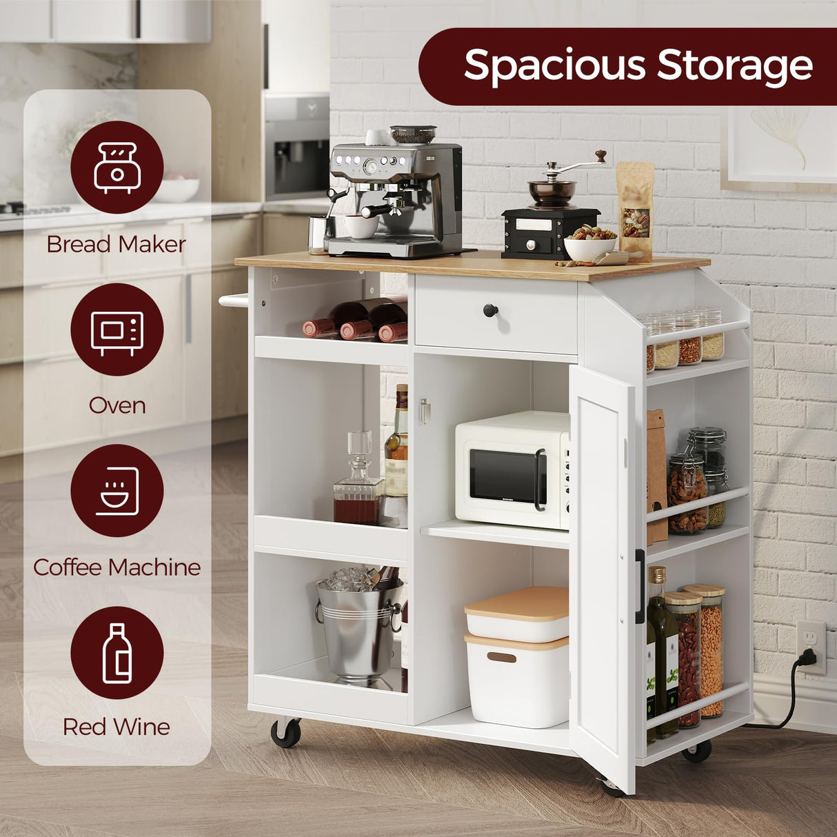 MAHANCRIS Kitchen Island with Power Outlet, Kitchen Storage Island with Drawer, Spice Rack, Towel Rack, Wine Rack, Rolling Kitchen Cart on Wheels, for Dining Room, White and Natural KINW122E01N1 MAHANCRIS