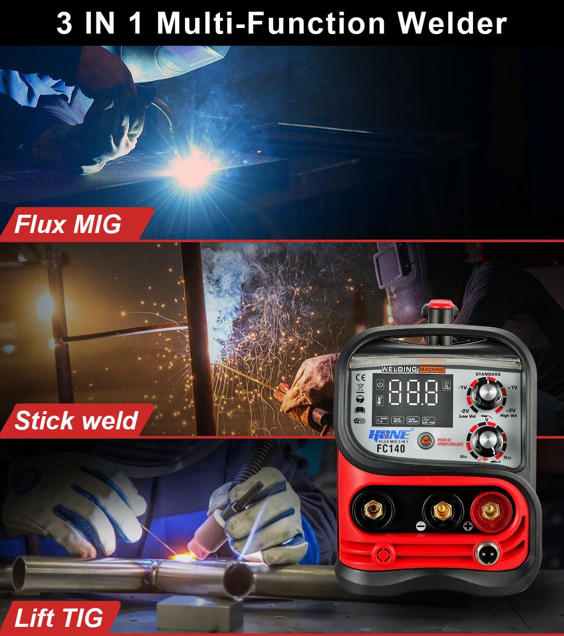 HONE MIG Welder 110V, Actual 140Amp Flux Core Welder/Stick Welder/Lift TIG 3 in 1 Synergic Welding Machine, Smart IGBT Inverter Large LED Display Gasless Wire Welder with Welding Gun HONE