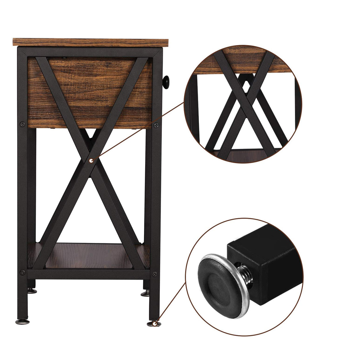 VECELO Modern Versatile Nightstands X-Design Side End Table Night Stand Storage Shelf with Bin Drawer for Living Room Bedroom, Brown+Black VECELO