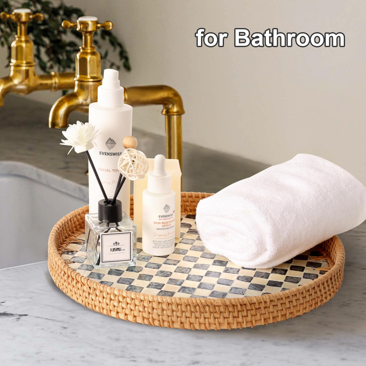 Tynulox Round Rattan Tray with Mother of Pearl Inlay, Rattan Serving Tray for Coffee, Bread, Fruits, Decorative Wicker Tray for Table Decor, Home Decor, Kitchen Island Decor(Round Checkerboard, 11.8") Tynulox