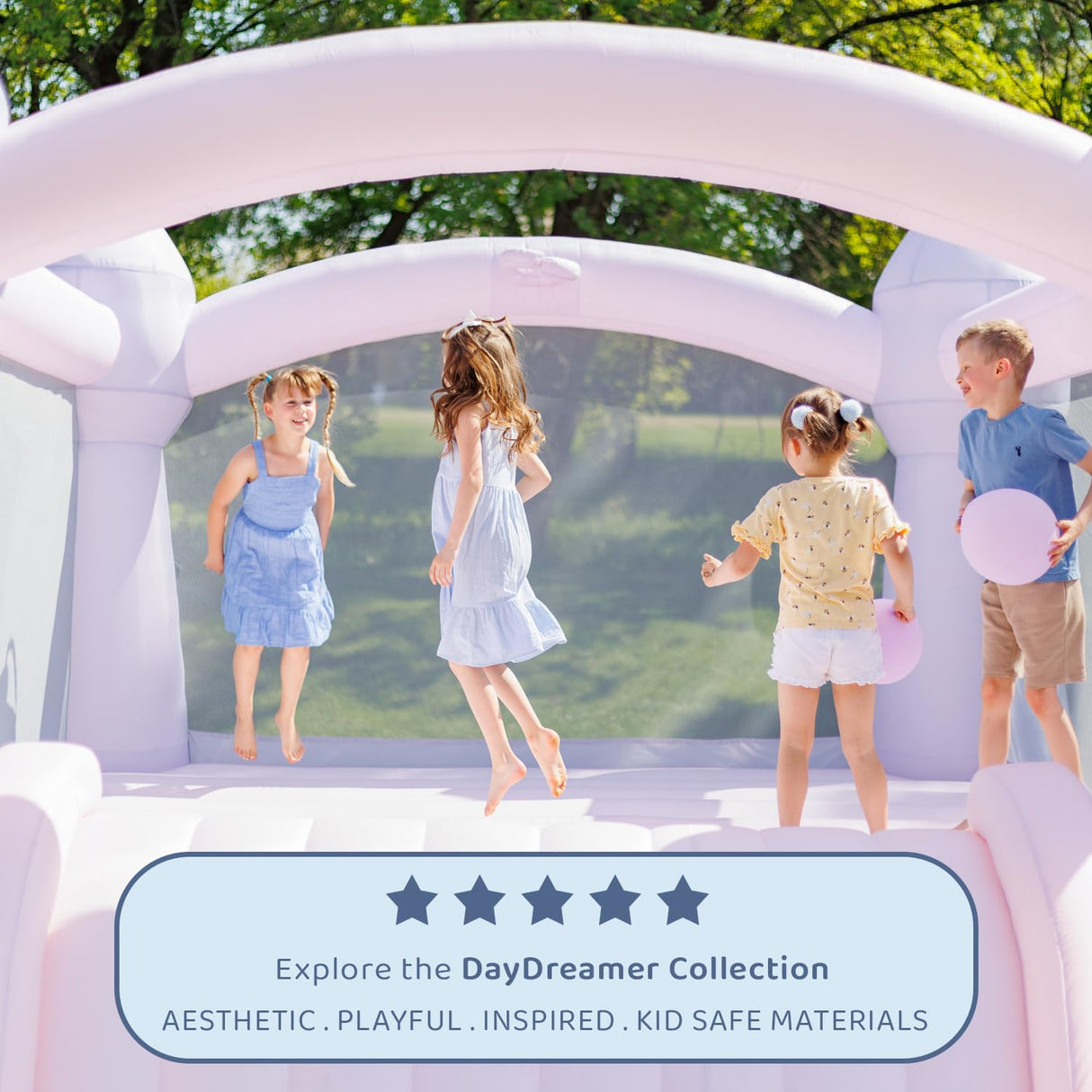 Bounceland Party Castle DayDreamer Cotton Candy Bounce House, 16.4 ft L x 13.1 ft W x 9.3 ft H, Basketball Hoop, UL Blower included, Trendy Pastel Color, Fun Slide & Bounce Area, Castle Theme for Kids Bounceland