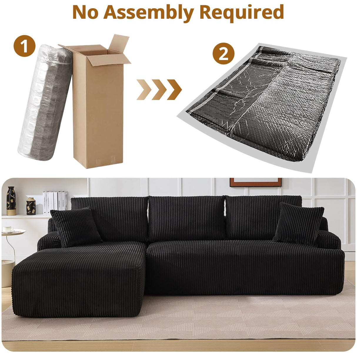 106 in Modular Sectional Sofa, L-Shaped Boneless Cloud Couch with Deep Seat, Comfy Corduroy Upholstered Sleeper Sofa for Living Room, Memory Foam, No Assembly Required, Right-Facing Chaise, Black GarveeHome