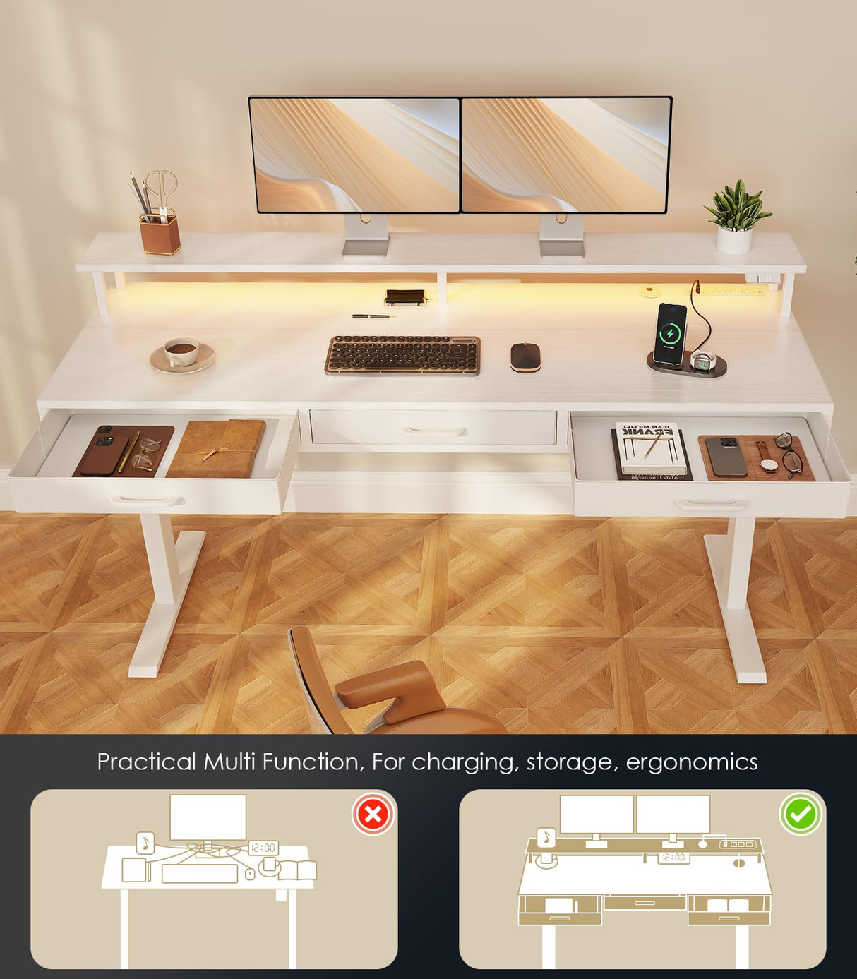 OffiGo Electric Standing Desk with Drawers, 63 Inch Height Adjustable Desk with Power Outlets & LED Lights, Sit Stand Table with Monitor Stand for Home, Office, Workstation, White OffiGo