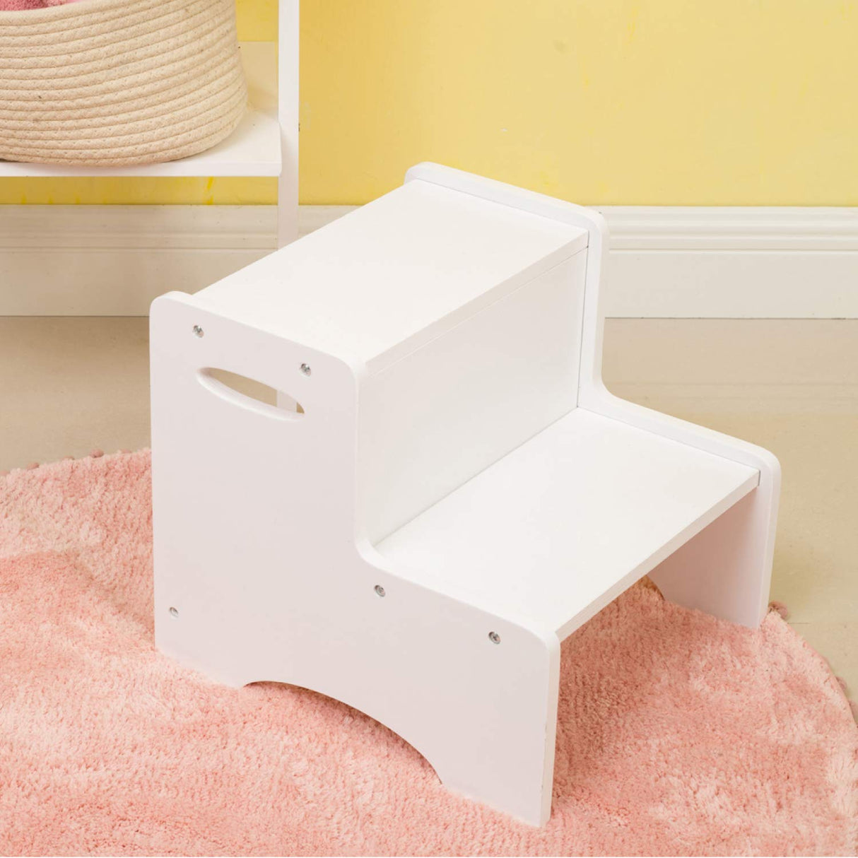 WOOD CITY Wooden Toddler Step Stool for Kids, White Two Step Children's Potty Stool with Handles, Bonus Non-Slip Pads for Safety, Bathroom & Kitchen, Dual Height WOOD CITY