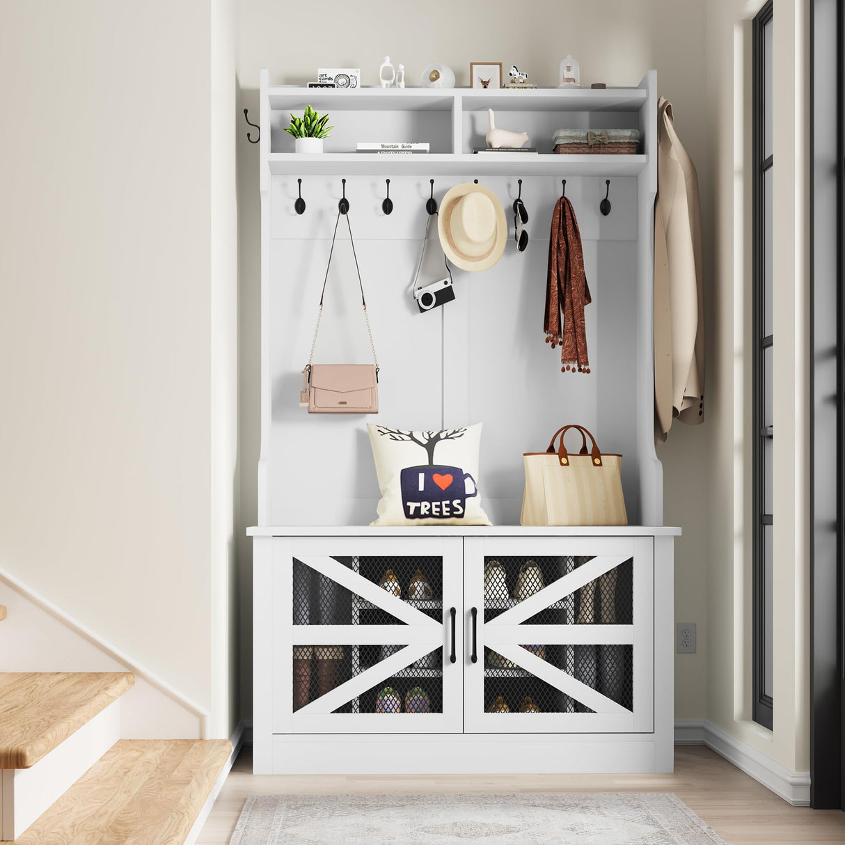 DWVO Farmhouse Hall Tree, Entryway Bench with Coat Rack and Shoe Storage, Freestanding Bench for Entryway Hallway, White DWVO