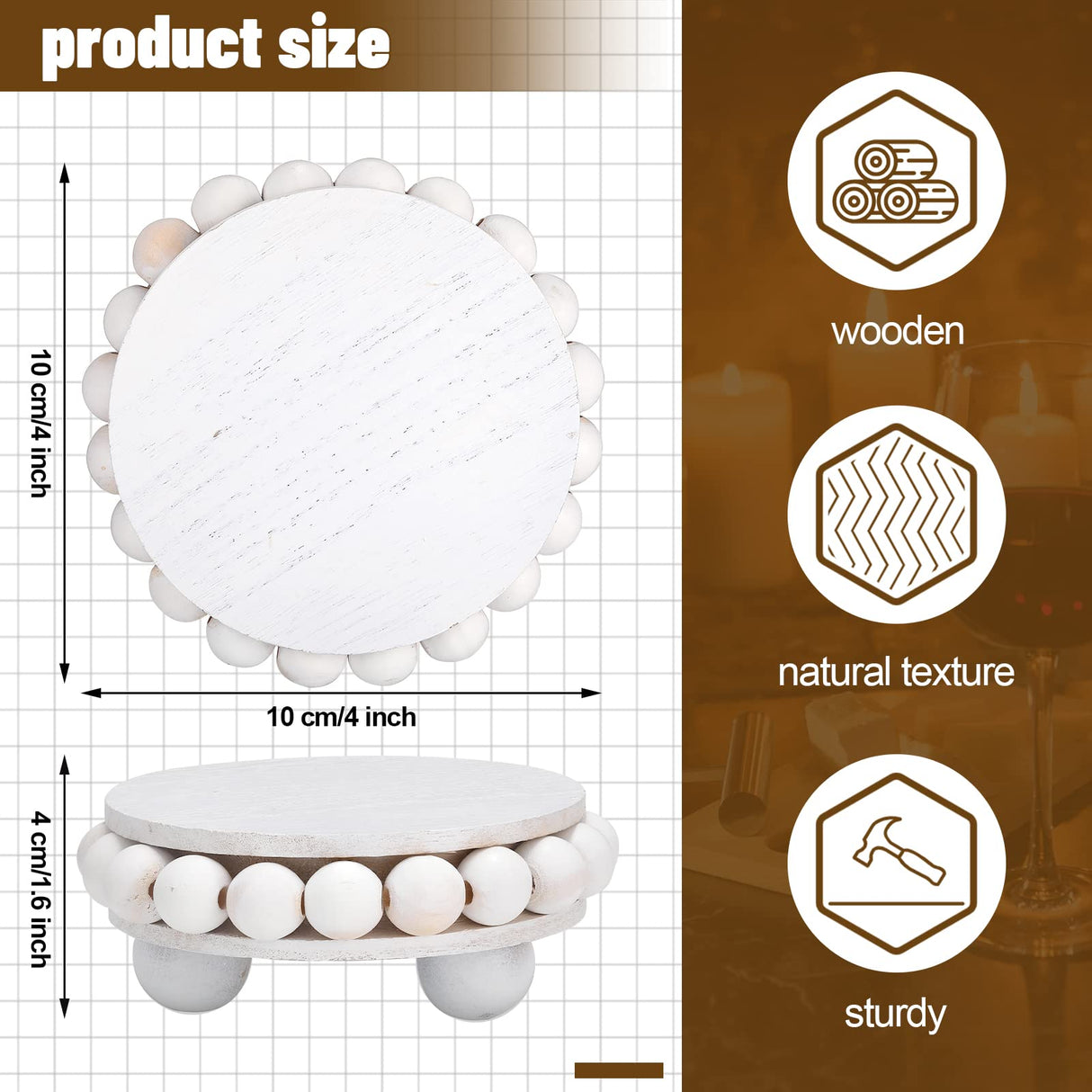 2 Pcs Wooden Risers for Displays Round Wood Riser Distressed Wood Risers Farmhouse Pedestal Display Stand Rustic Pedestal Stand Decor Beaded Display Risers for Tiered Trays Home (White, 3.94 Inch) Yookeer