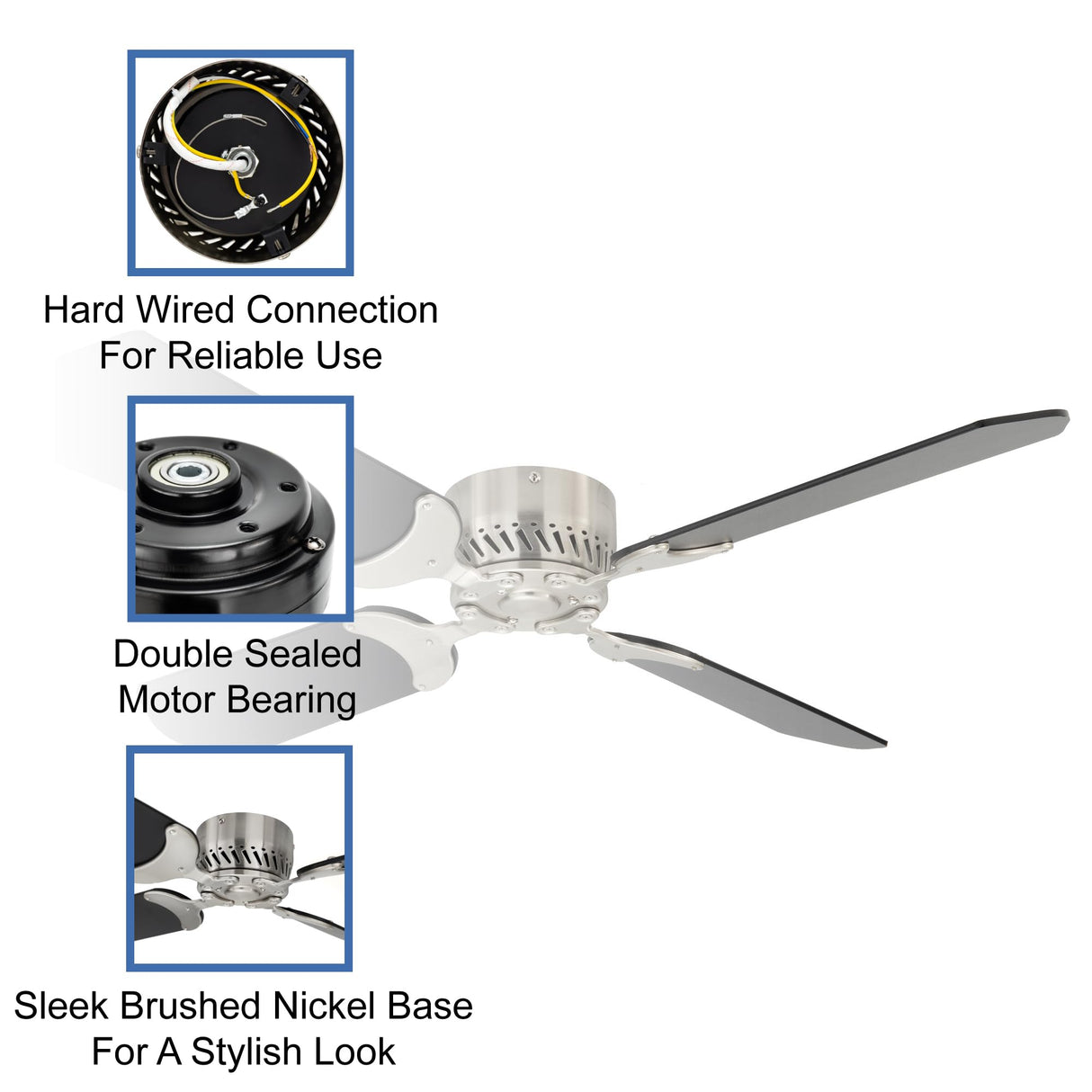 RecPro RV 12V Ceiling Fan | 4-Blade | 4-Speed | Near Silent Operation | Reversing Direction Wall Control (Brushed Nickel: Black Blades, 36") RecPro