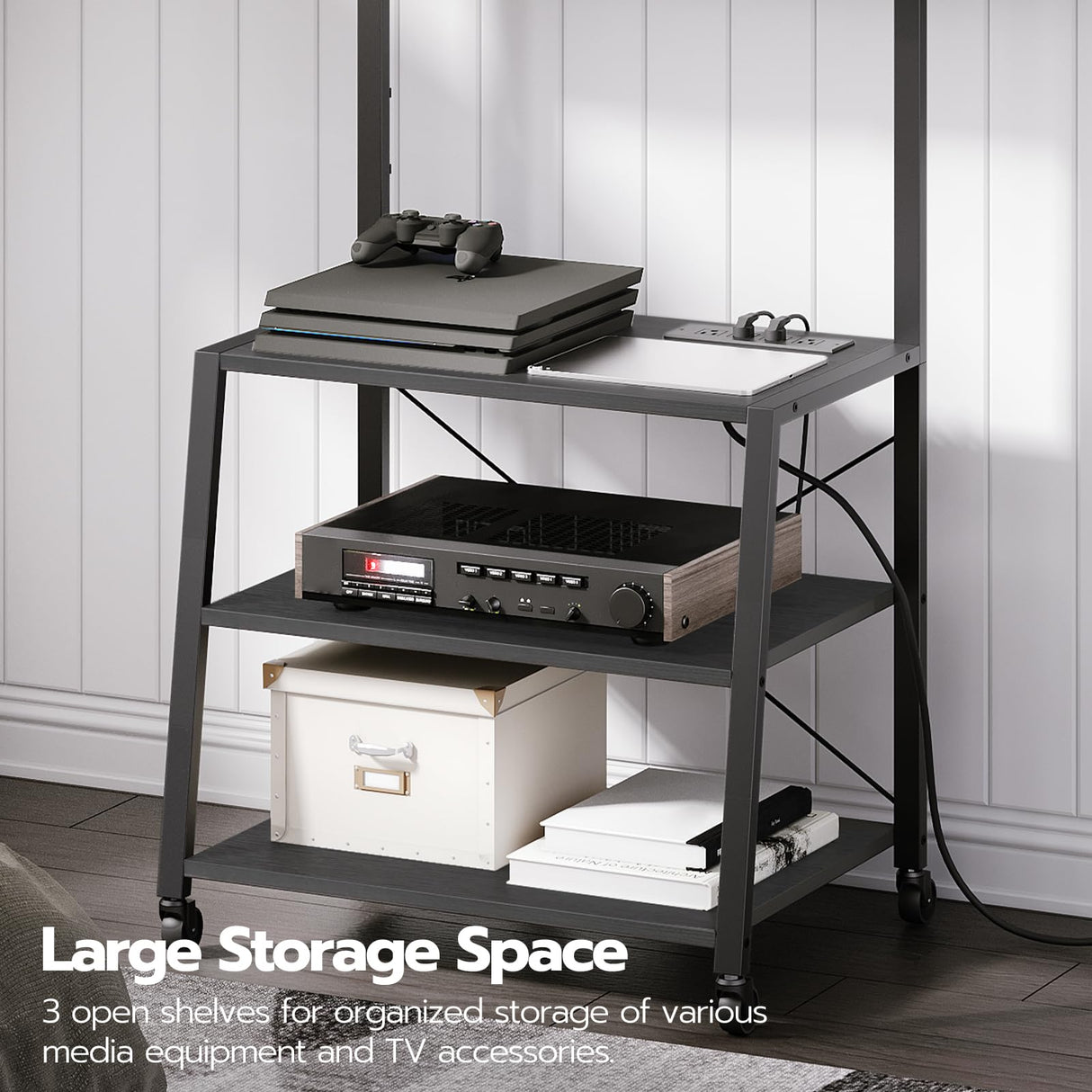 HOOBRO Rolling TV Stand with Mount and Power Outlet Up to 55 inch TVs, Corner Entertainment Center, Small TV Stand with 3-Tier Storage Shelves for Living Room, Bedroom, Black BB66UDS01 HOOBRO