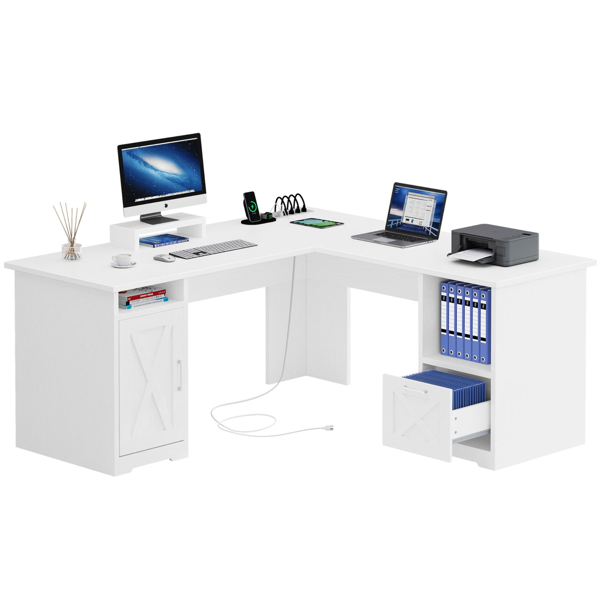 YITAHOME L Shaped Desk with Power Outlets, 60 Inch Computer Desk Corner Desk with File Drawer, Home Office Desk with Monitor Stand & Storage Shelves, L-Shaped Desk with File Cabinet, White YITAHOME