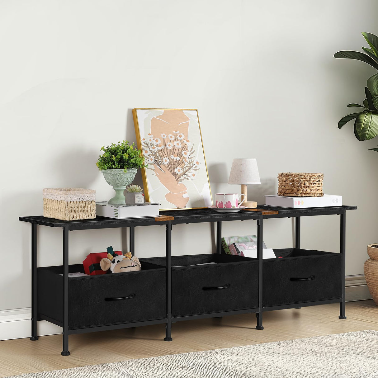 CADUKE Black TV Stand for 55 inch TV, Farmhouse Entertainment Center with 3 Fabric Drawers, Industrial TV Console Table for Bedroom, Living Room CADUKE