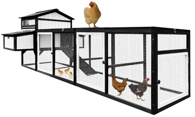 Ketive 116" Large Chicken Coop with Run, Outdoor Wooden Hen House for 3-5 Chickens, Poultry Cage with Nesting Boxes, 4 Perches, Leakproof Pull-Out Tray, Ramp, and Expandable Design for Small Animals