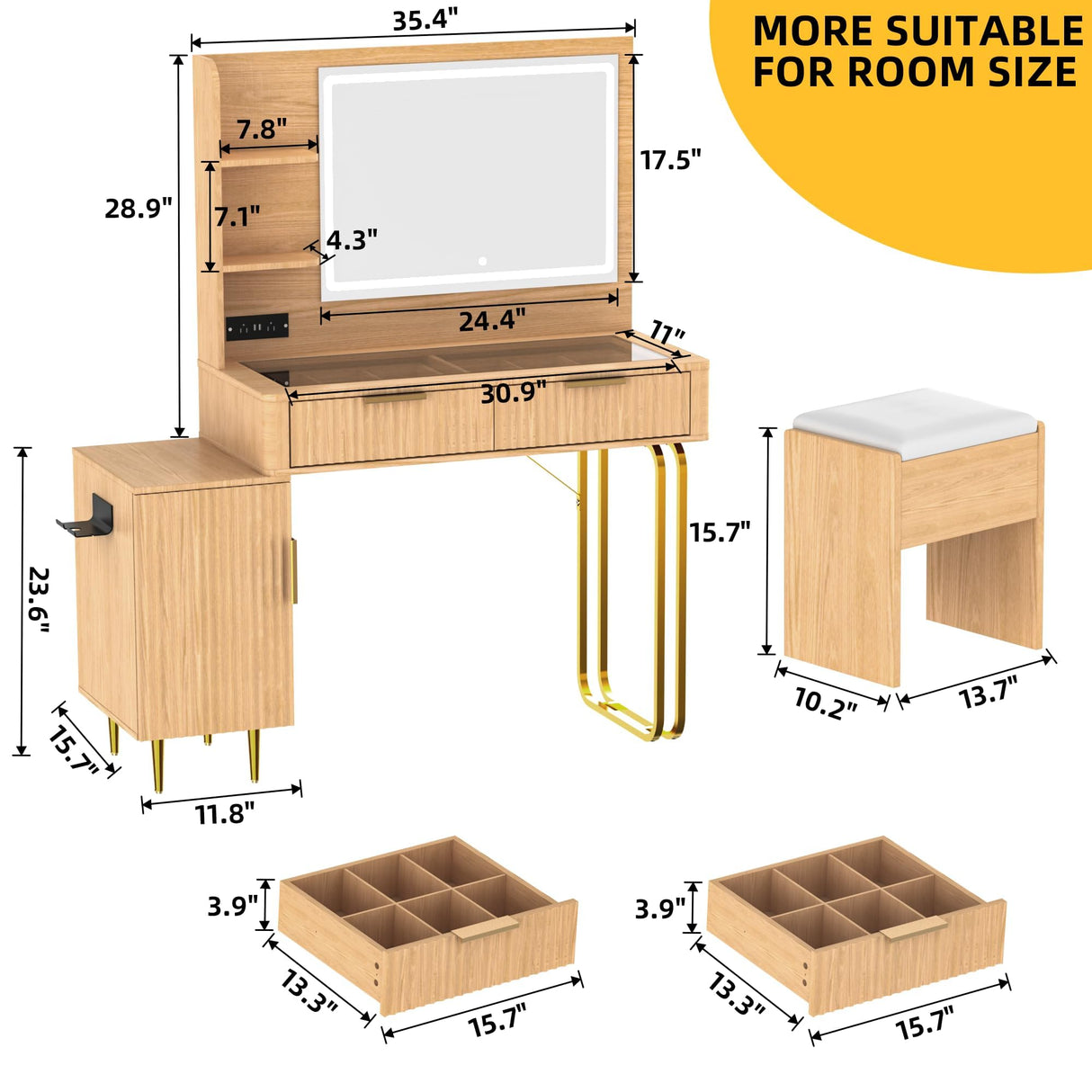 Galasil Fluted Make Up Vanity Desk with Mirror and Lights Chair,Wooden Vanities Desk with Glass top,Oak Vanity, Adjustable Side Cabinet,Modern Dressing Table Set w/Charging Station for Bedroom galasily