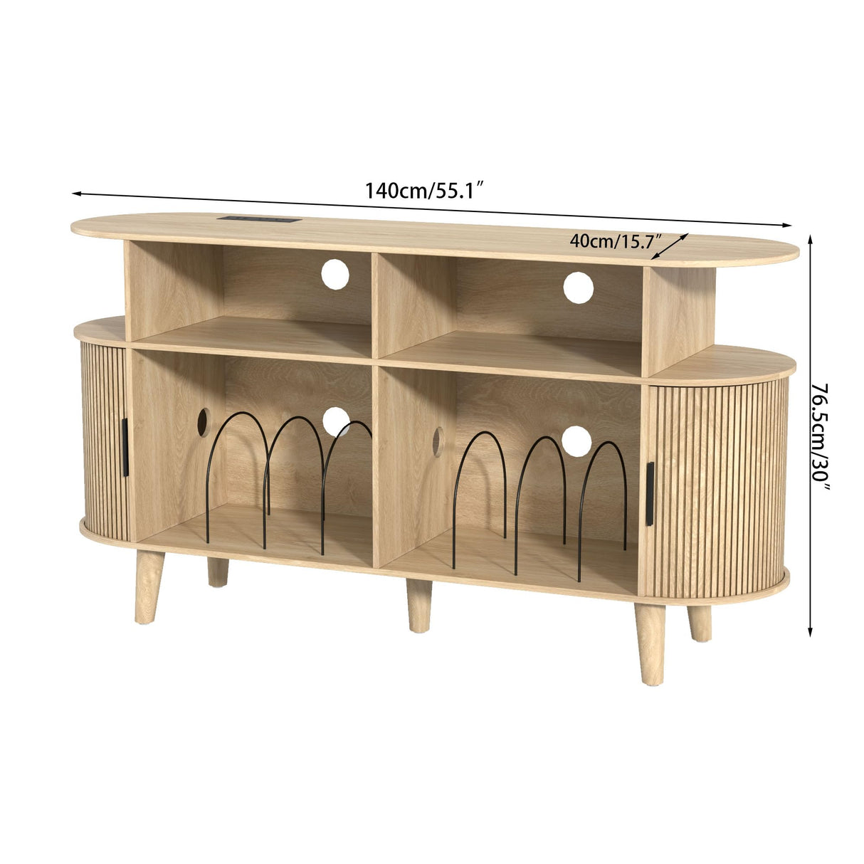 LUVIOHOME Large Round Record Player Stand with Charging Station & USB Ports,Record Storage Cabinet, Mid Century Modern Turntable Stand for Bedroom Living Room (Oak) LUVIOHOME