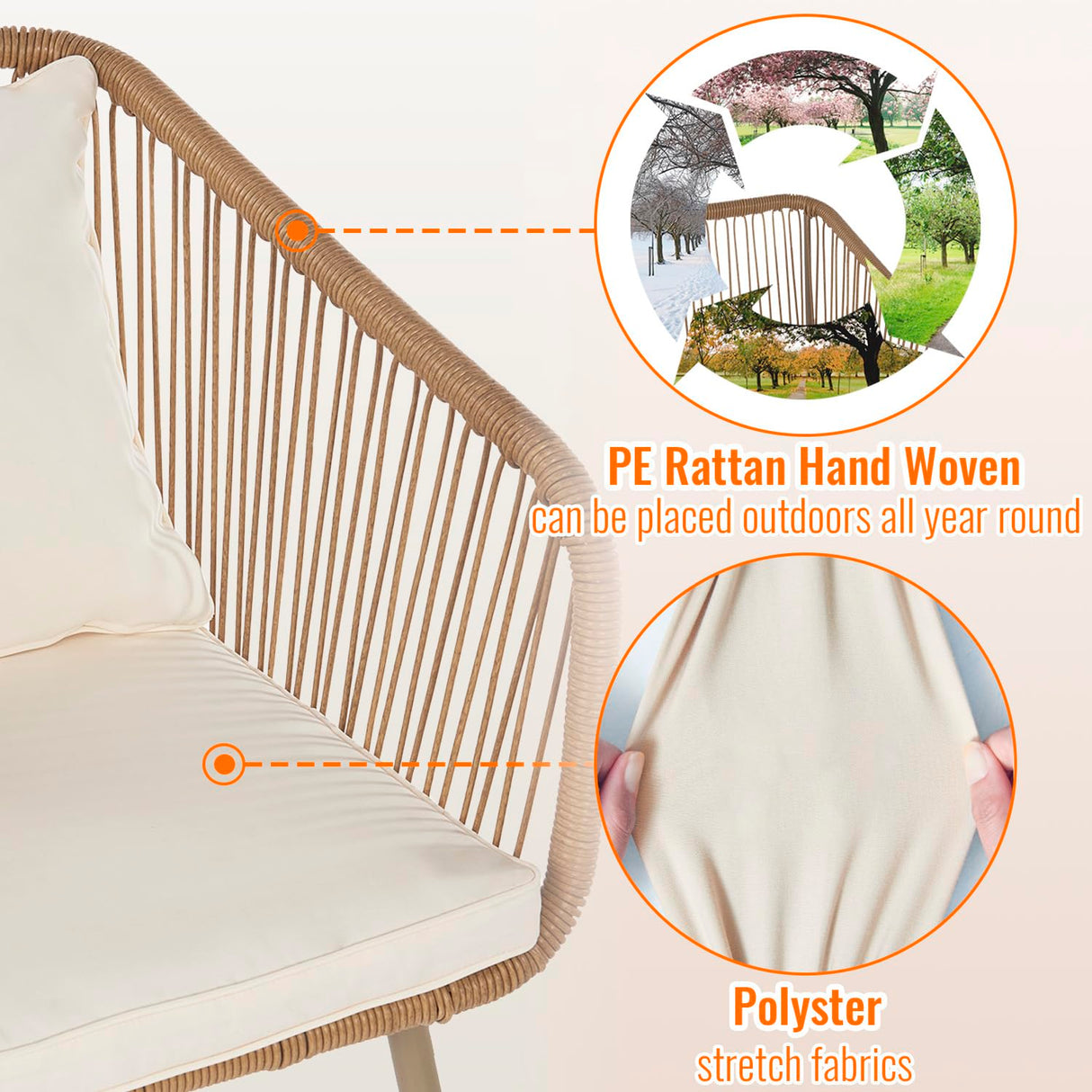 3-Piece Outdoor PE Rattan Bistro Furniture Set Patio Rattan Conversation Set Patio Furniture Set Glass Coffee Table Top and 2 Chairs with Cushions Lumbar Pillows for Yard Garden Porch Bistro, White PayLessHere