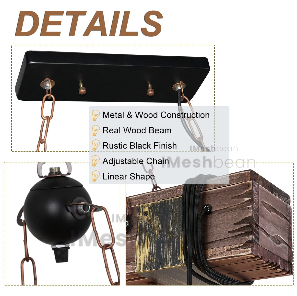 Rustic Chandelier Farmhouse Wood Beam Hanging Industrial Pendant Lighting Vintage Ceiling Light Fixture 10 Heads for Dining Table Kitchen Island Bar Coffee Billiard Pool Table (10 Lights) iMeshbean