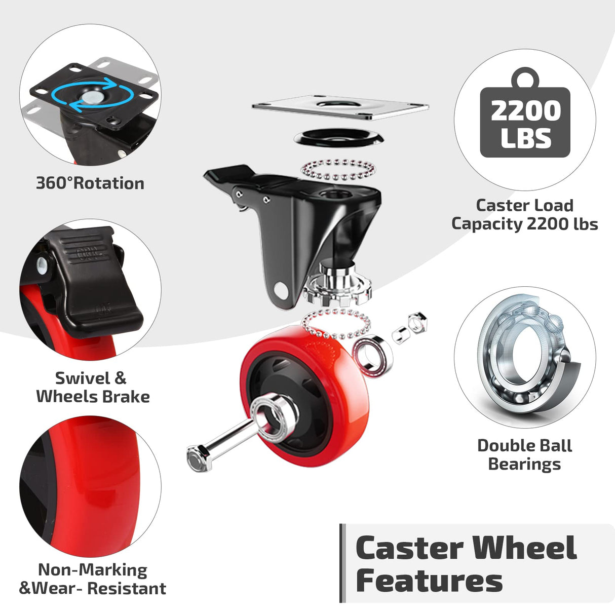 Nefish Swivel Caster Wheel for Cart, 5 Inch Industrial Casters Set of 4 - Heavy Duty Top Plate Casters with Brake 2200 Lbs, 360 Degree Polyurethane Wheels for Cart, Trolleys, Furniture, Equipment Nefish