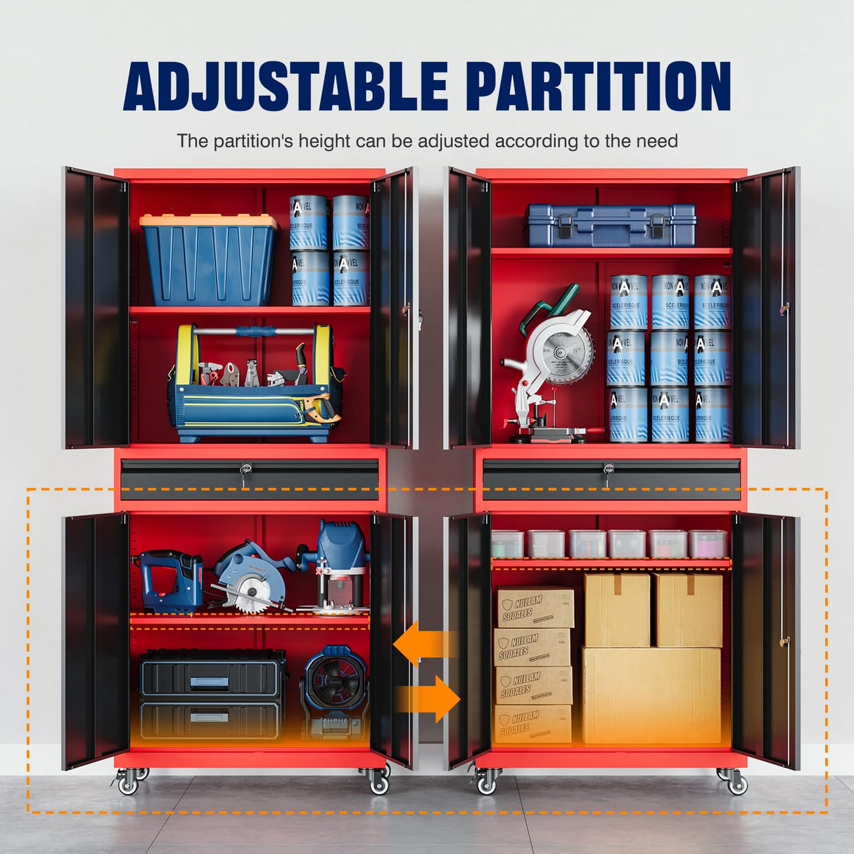 Yizosh Metal Garage Storage Cabinet with Locking Doors and Adjustable Shelves, Rolling Tool Storage Cabinet with 4 Wheels and 1 Drawer - 73" Steel Locking Cabinet for Garage, Warehouse (Red Black) Yizosh