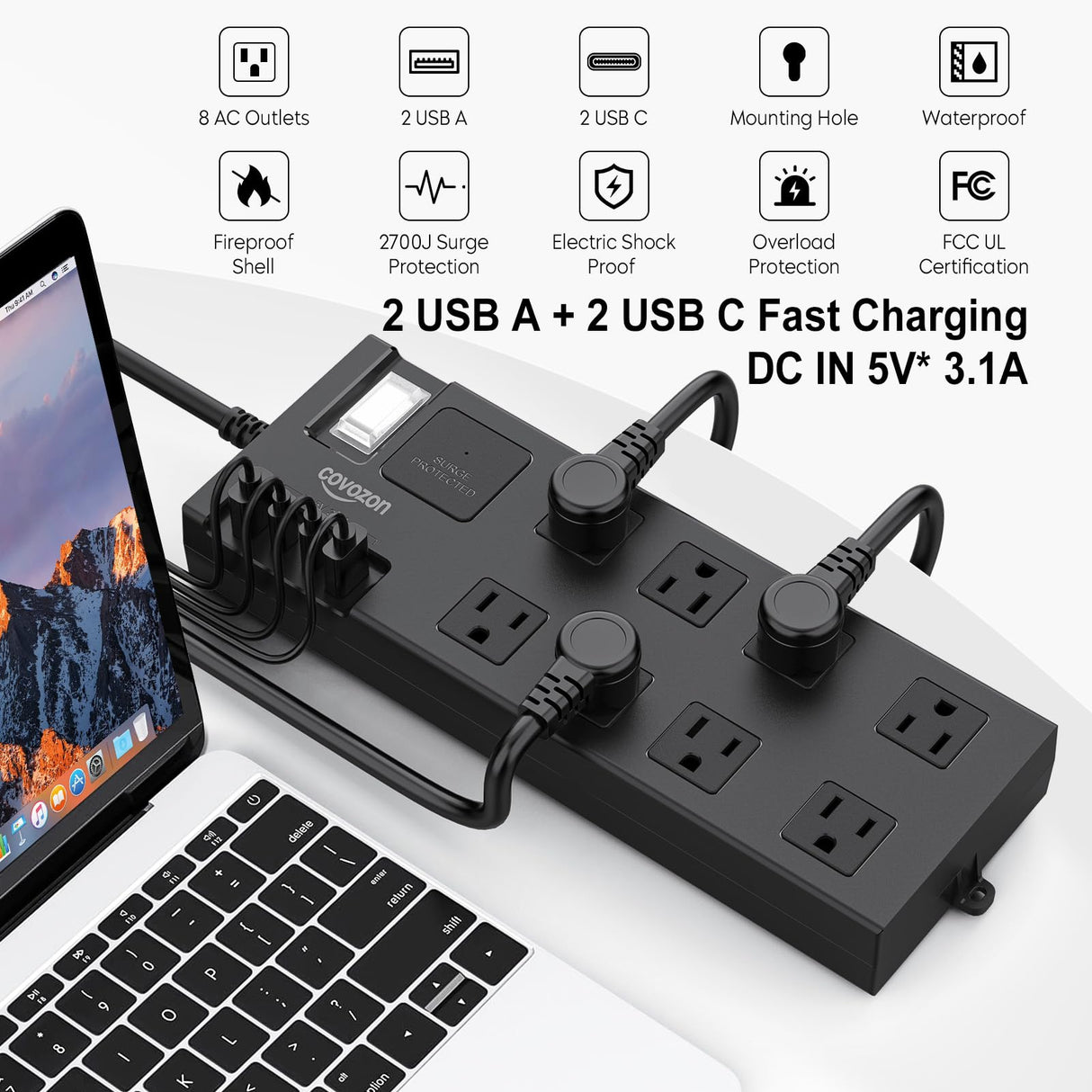 Surge Protector Power Strip Waterproof, Outdoor Extension Cord Multiple Outlets with USB A + C Fast Charging, Waterproof Electrical Box Electrical Outlet Box Extender Power Strip 6ft 10ft 15ft 20ft covozon