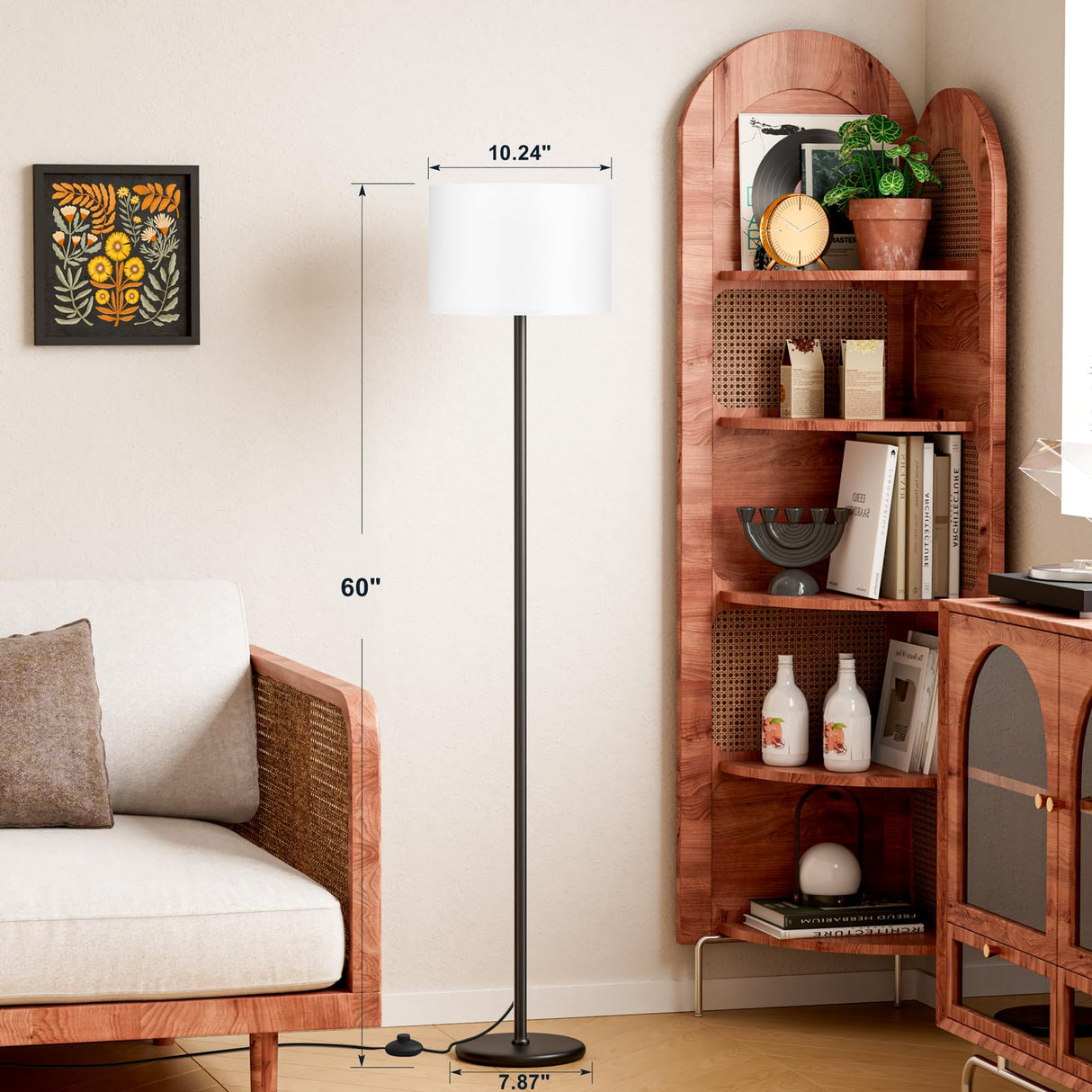 Modern Floor Lamp Simple Design with White Shade, Foot Pedal Switch, 60" Small Tall Lamps for Living Room Bedroom Office Dining Room Kitchen, Black Pole Lamp(Without Bulb) Ambimall