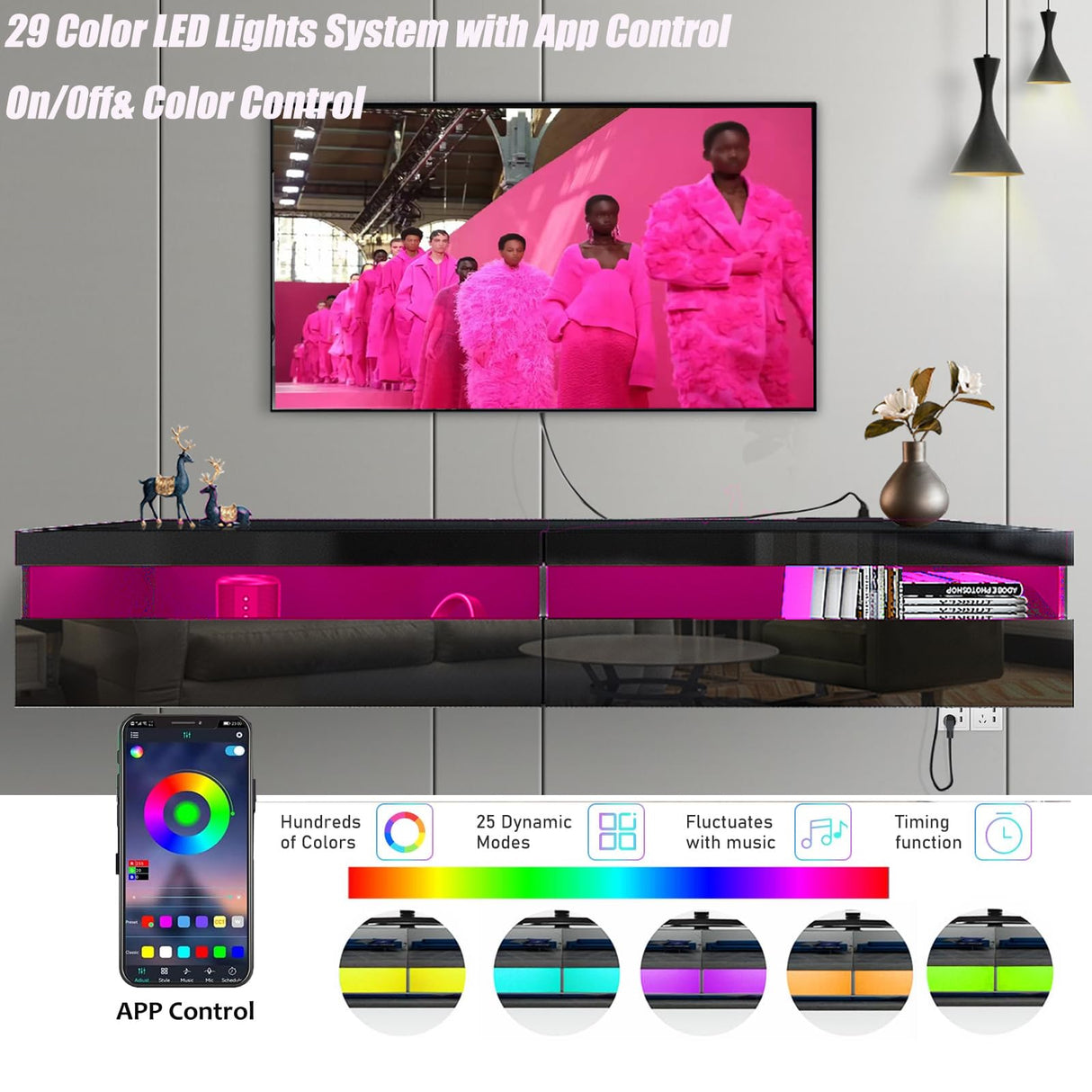 wuleen Floating TV Stand, 71" Floating Entertainment Center Wall Mounted,Floating Wall Mounted TV Shelf with Led Lights and Power Outlet,Modern High Gloss tv Cabinet Media Console with Storage wuleen