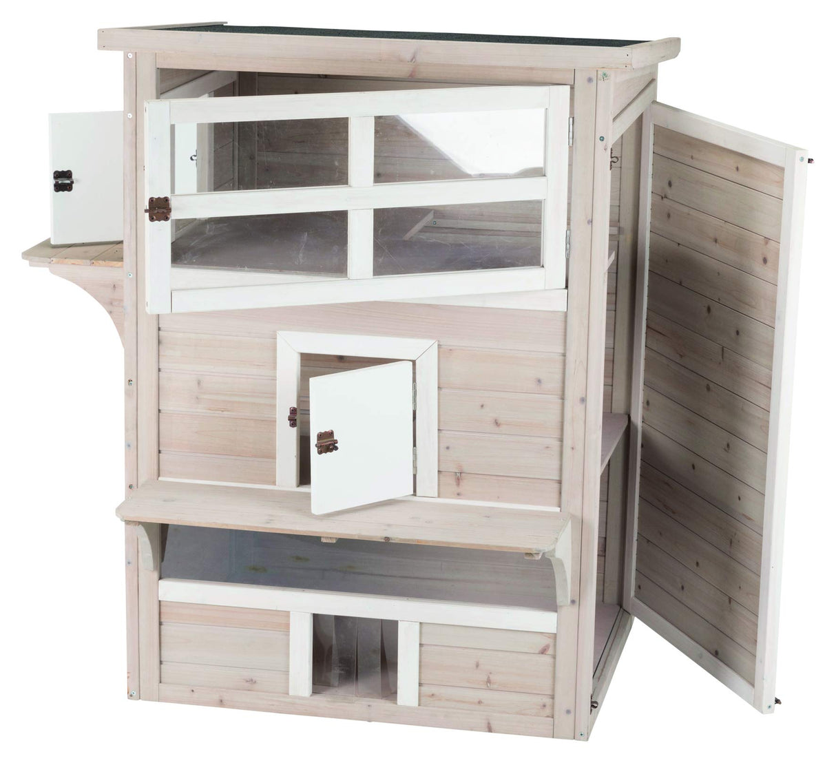 TRIXIE Outdoor Cat House, Weatherproof 3-Story Cat House with Multiple Levels, Doors & Windows with Latches, Outdoor Shelter for Cats, Brown/White Fir Wood TRIXIE
