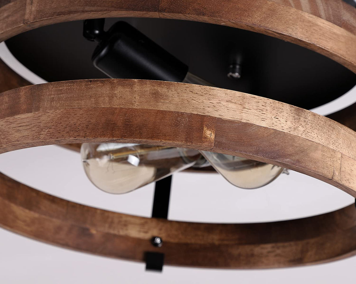 2-Light Rustic Flush Mount Light Fixture Oak Wood Round Drum Semi Flush Mount Ceiling Light for Hallway Bedroom Kitchen Entryway Farmhouse, Black Fivess Lighting