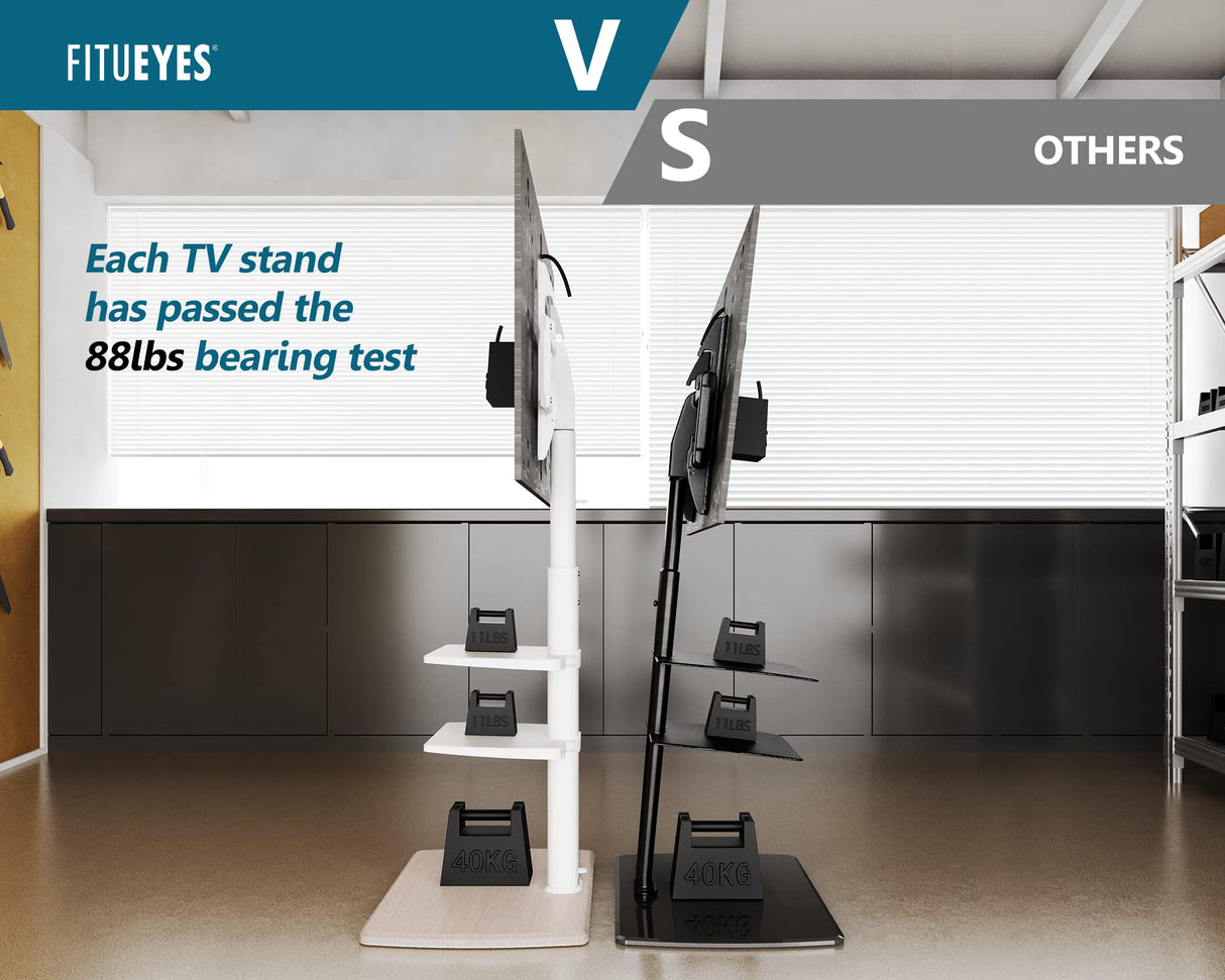 FITUEYES Floor TV Stand for 32 39 40 43 49 50 55 60 65 70 Inch TVs, Modern TV Stands with Shelf for Living Room Bedroom, Height Adjustable Corner TV Stand White FITUEYES