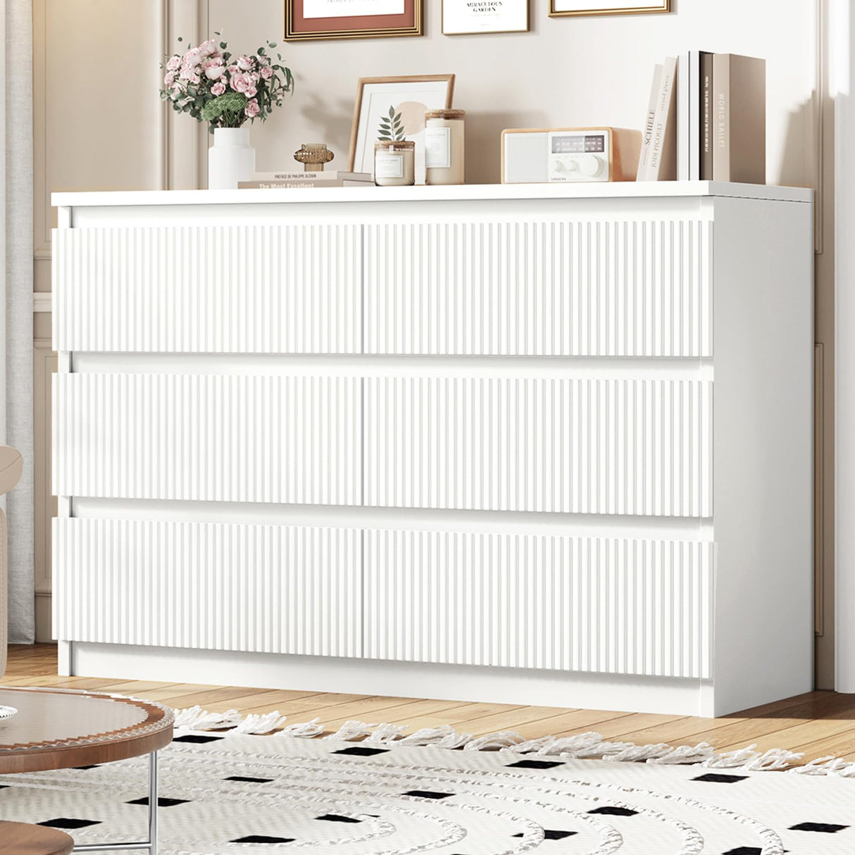 Jocoevol White 6 Drawer Dresser for Bedroom, Modern Fluted Dresser with Deep Drawers, Large Double Wooden Chest of Drawers for Living Room, Hallway, Entryway (White) Jocoevol