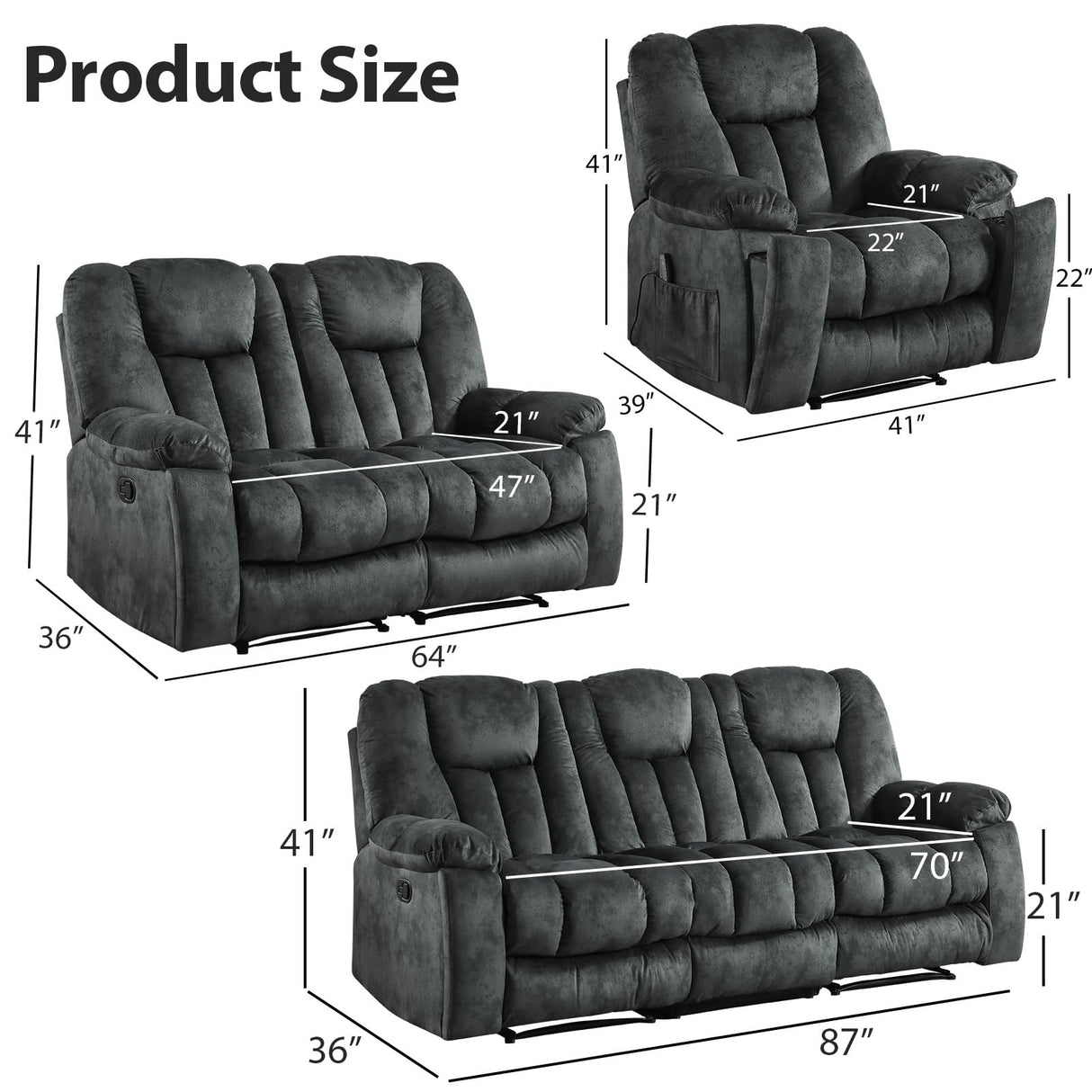 EBELLO 3 Pieces Recliner Sofa Furniture Set, Manual Recliner with Massage and Heat, Loveseat and Bonded 3 Seat Reclining Couch Set for Living Room, Green Grey EBELLO