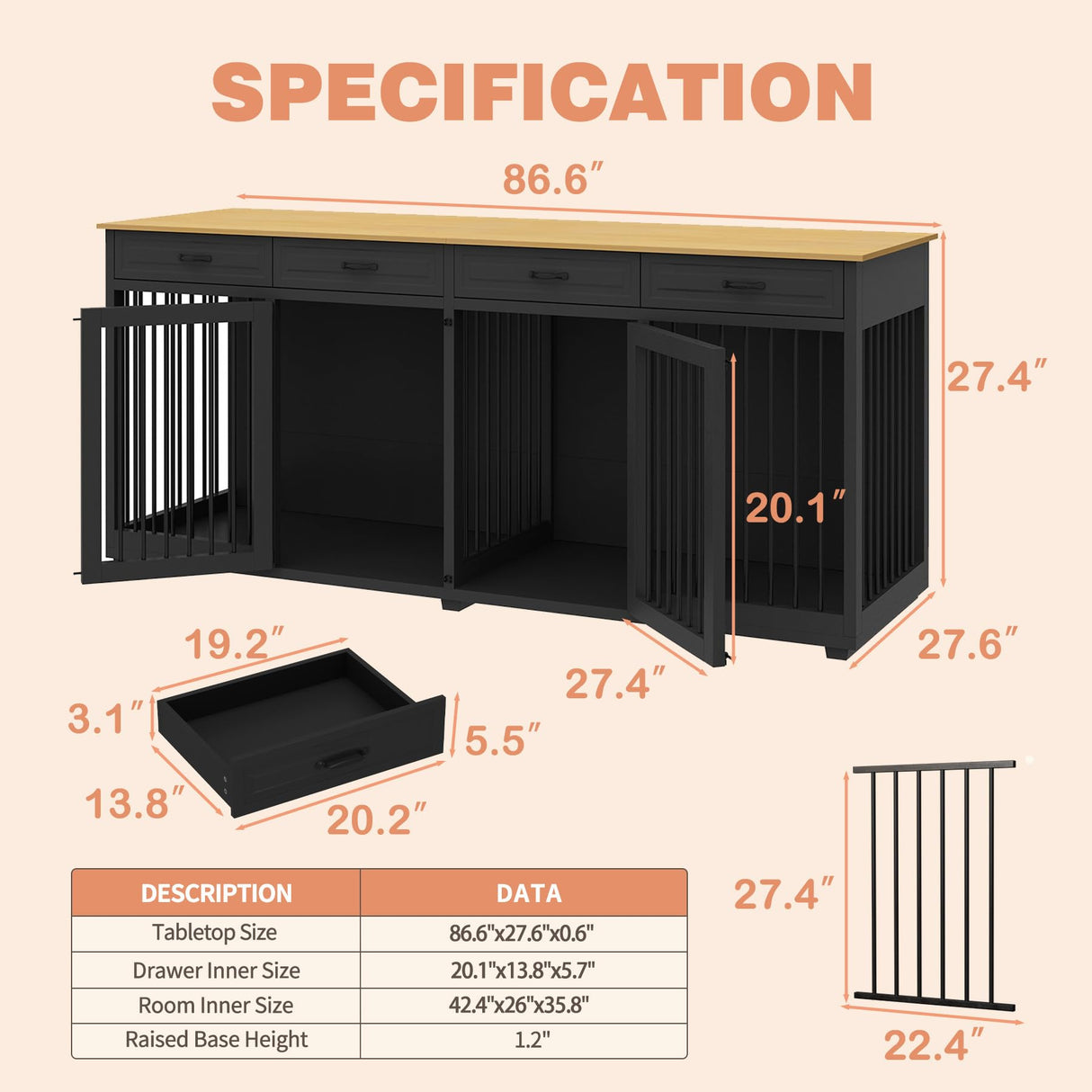 Timechee Extra Large Dog Crate, 86.6" Heavy Duty Wooden Dog Cage Furniture Dog Crate Kennel with Drawers & Removable Divider,Indoor Luxury Dog House with Double Rooms for XL L Breed Dogs, Black Timechee