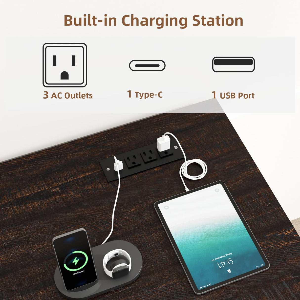 VOWNER 55" Executive Desk, Home Office Desk with Drawers and Storage Cabinet, Farmhouse Wood Desk Workspace for Work Study Writing, Charging Station, Letter/A4 File Drawer, White VOWNER