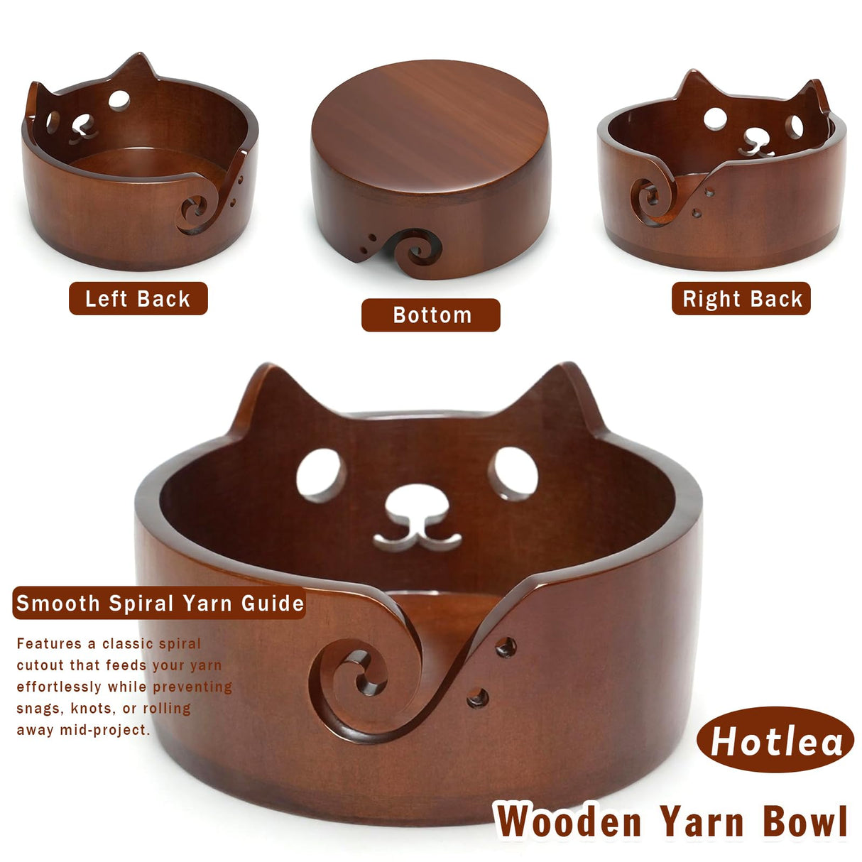 Wooden Cat Yarn Bowl, Large Polished Crochet Bowl Accessories for Knitting and Crocheting Gift for Knitters and Yarn Lovers, 7.5"X4.33" Hotlea