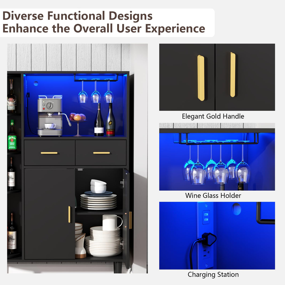 Kitchen Pantry Storage Cabinet with Charging Station and LED Lights, Freestanding Buffet Cabinet with Wine Glass Holder,Kitchen Hutch Cabinet with Rotation 4-Tier Storage Rack for Kitchen(Black) Gyfimoie