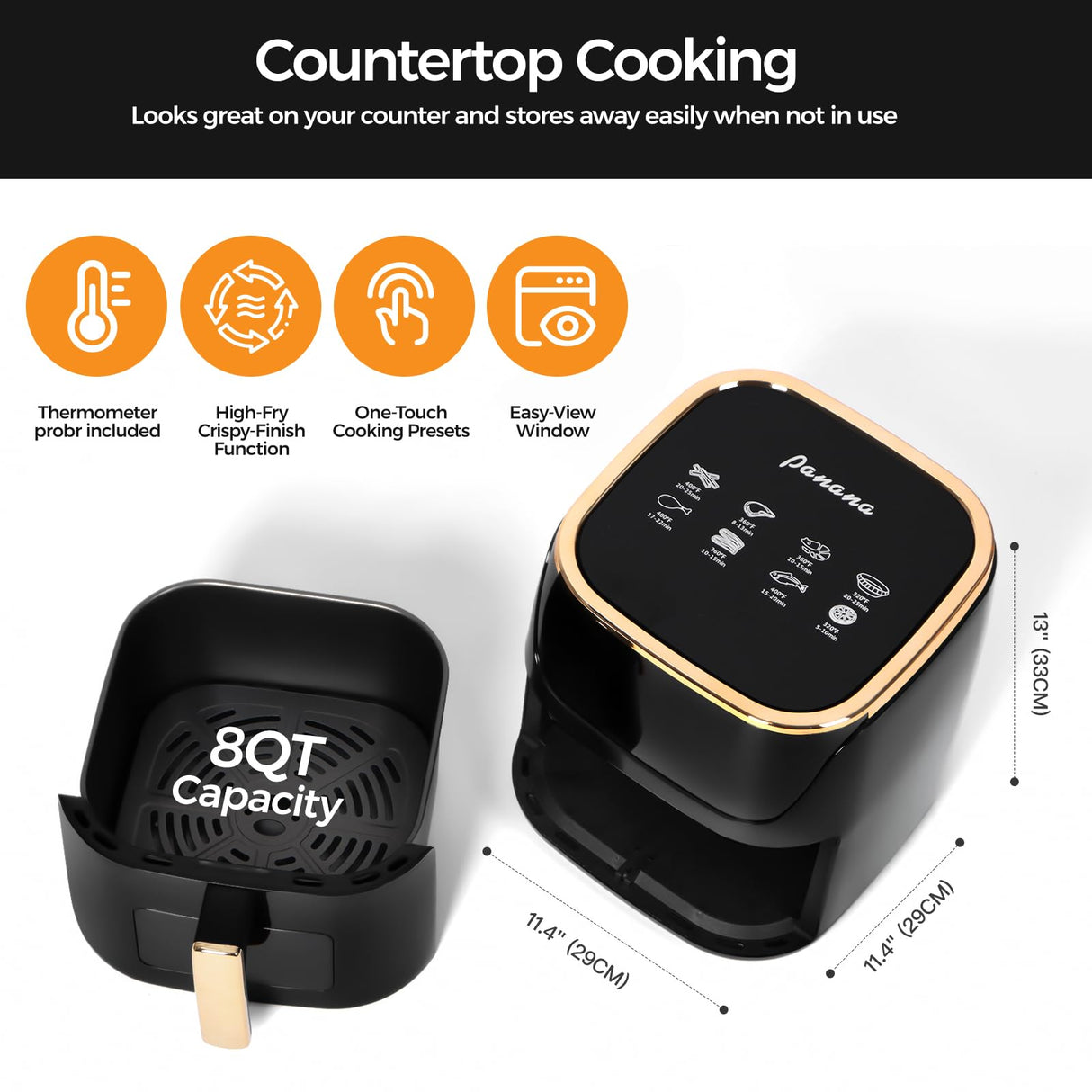 Panana 8QT Large Air Fryer Compact, 8 Preset Menus Airfryer, One-Touch Digital Control Presets, Touchscreen Display, Dishwasher Safe, Nonstick, Fit for Family (Black) Panana