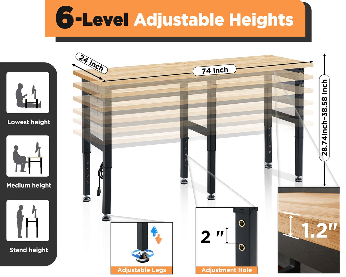 Albott 72x24“ Adjustable Workbench 28.7-38.6" Height, Rubber Wood Top Heavy Duty Workbench with Power Outlets & Hooks, 5000 LB Capacity Workbench for Garage, Workshop, Home & Office Albott