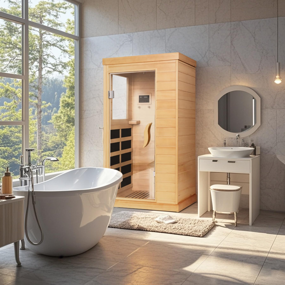 HomeMiYN Far Infrared Saunas for Home, 1 Person Canadian Hemlock Wood Low EMF Dry Sauna Room Indoor Mini Personal Sauna with Carbon Heaters, Control Panel, Bluetooth Speakers, 800W/110V HomeMiYN