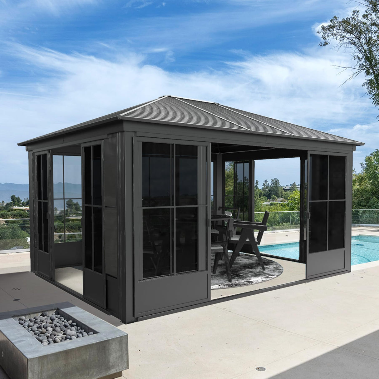 Domi 12x14FT Outdoor Sunroom, Galvanized Steel Hardtop Enclose Gazebo Sloping Roof, All Weather Aluminum Solarium Screen House for Patio Deck Backyard with Lockable Door, Moveable PVC Screen domi outdoor living
