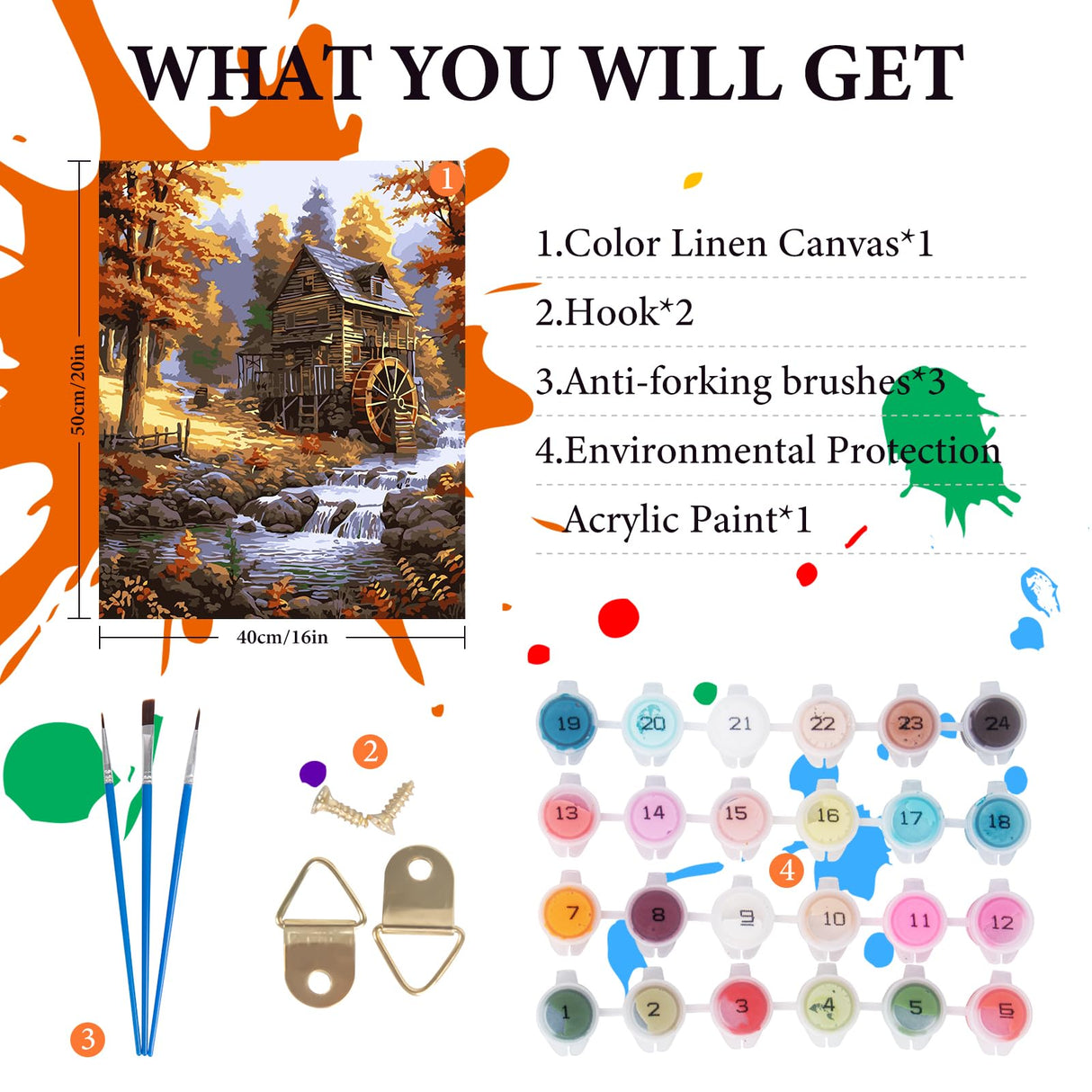 Paint by Numbers Kit for Adults Beginner, Fall Landscape Adult Paint by Number Kits on Canvas Without Frame, Cabin in The Forest, Stream Oil Paint by Numbers for Home Decor Gift 16” W x 20”L Fountor