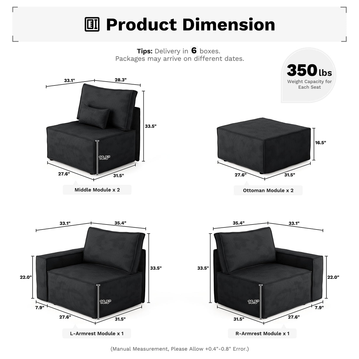 ovios Modular Sectional Sofa Couch, L-Shaped Minimalist Couches with 2 Ottomans Chaise, Comfy Deep Seat Cloud Plush Corduroy Living Room Sofas Set, 6 Seat Large Cushions, Black ovios